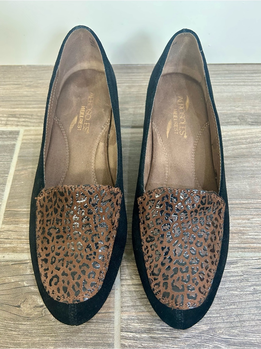 Aerosoles Lovely Black Suede Leopard Print Wedge Loafers 7.5M Comfort Pumps